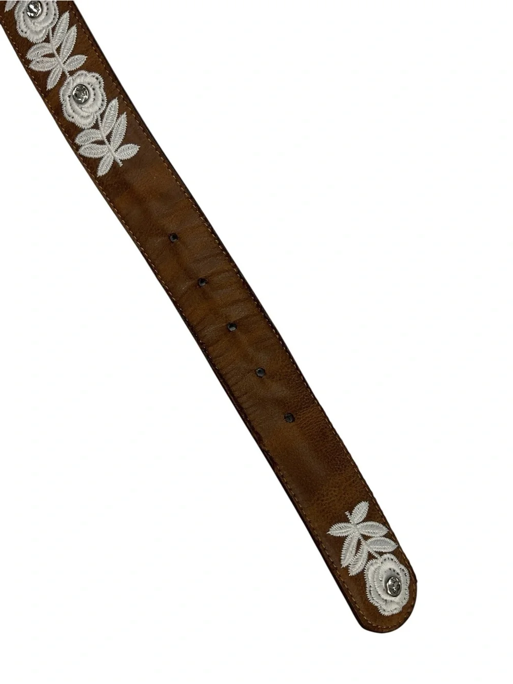 Genuine Leather Floral Embroidered Western Belt Brown White Rhinestone Size SM